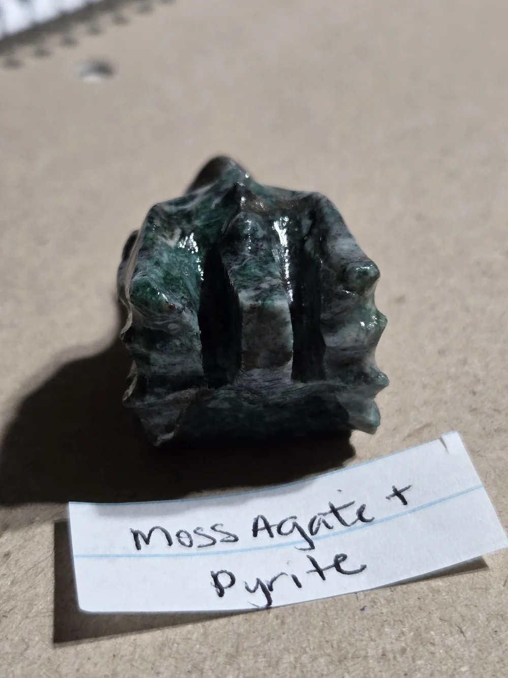 Detailed Moss Agate and Pyrite Crystal Carved Dragon Head Stone Sculpture Decor